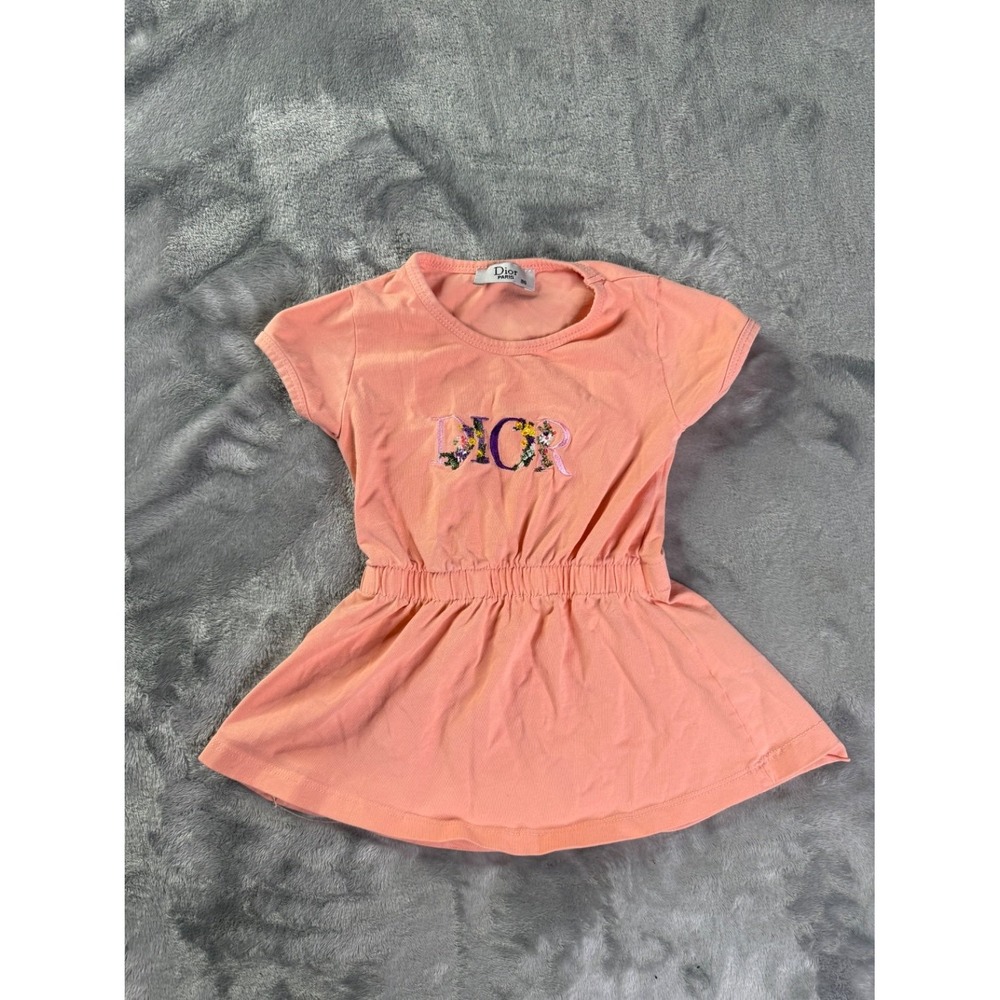 Baby Dior Girls Embroidered Floral Logo Dress Peach Pink Size 2T 86 Gathered
